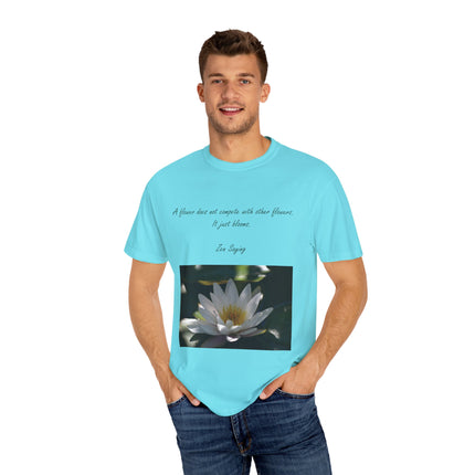 Zen Floral T-Shirt – “A Flower Just Blooms” Floral Quote Tee