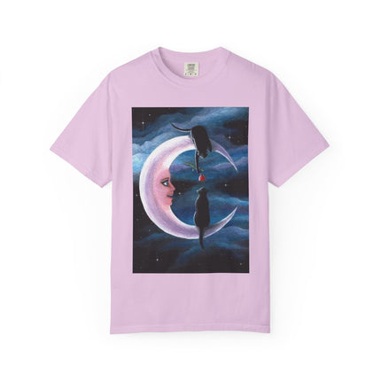Moonlight Cats Graphic T‑Shirt — Romantic Crescent Moon Art Tee