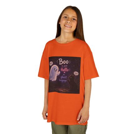 Kids Halloween Tee — "Boo: Hello Ghost Language" Cute Ghost Shirt