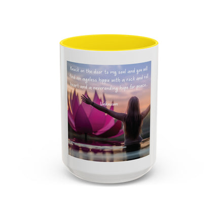 Inspirational Lotus Sunrise Coffee Mug — "knock on the door to my soul"
