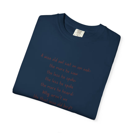 Poem & Owl Graphic T‑Shirt — 'A wise old owl...' Nature Poetry Tee