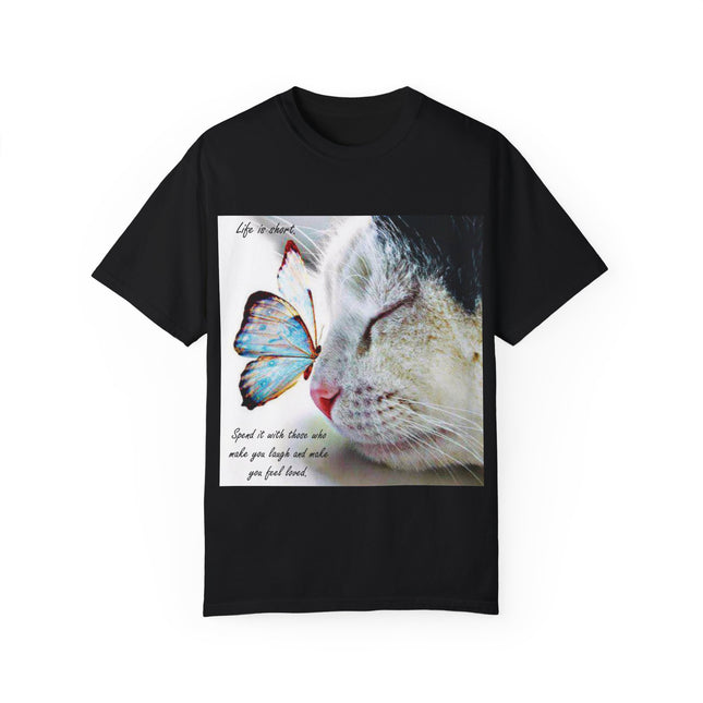 Inspirational Cat & Butterfly T-Shirt | Life is Short Quote
