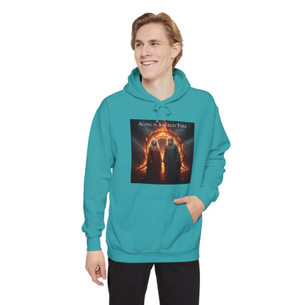 Hoodie - "Aging Is Sacred Fire" Fantasy Cloaked Figures Fire Portal Graphic Hoodie