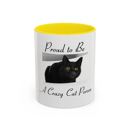 Proud to Be a Crazy Cat Person Accent Coffee Mug – Black Cat Lover Gift (11/15oz)
