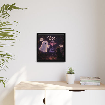 Framed Canvas Art - "Boo is Just Hello" Cute Ghost & Black Cat Halloween Print