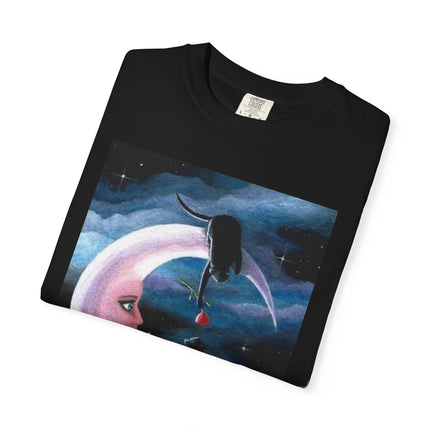 Moonlight Cats Graphic T‑Shirt — Romantic Crescent Moon Art Tee