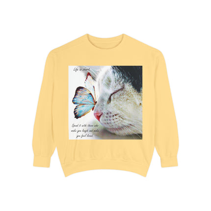 Life is Short Cat & Butterfly Unisex Garment-Dyed Sweatshirt