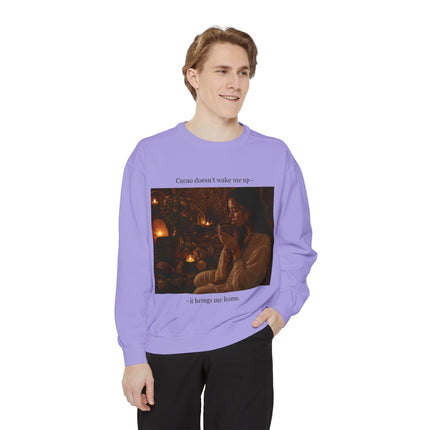 Cozy Candlelit Photo Sweatshirt — "Cacao doesn't wake me up... it brings me home"