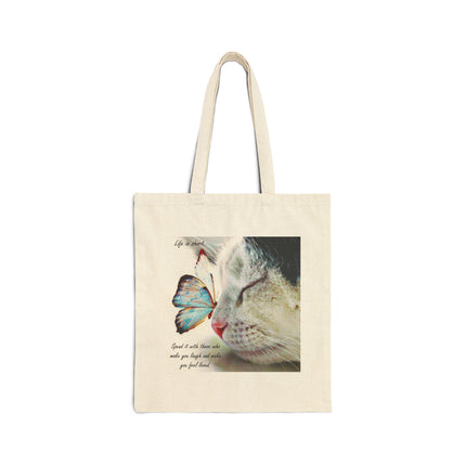 Canvas Tote Bag — Cat & Butterfly Vintage Photo Print, Inspirational Quote