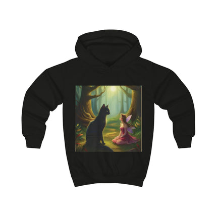 Kids hoodie with fairy and black cat illustration in an enchanted forest scene