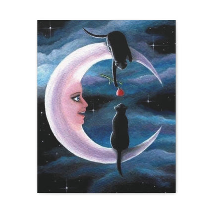 Two Black Cats on Crescent Moon Matte Canvas Art — Cat Lovers Wall Decor