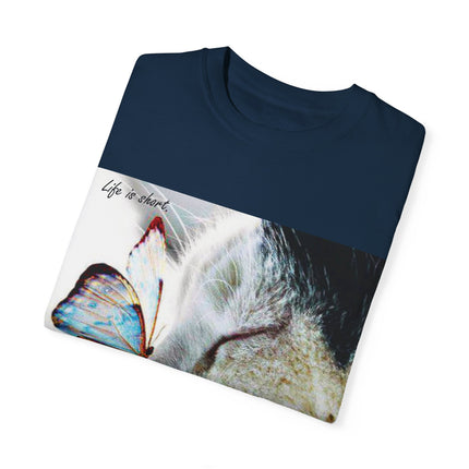 Inspirational Cat & Butterfly T-Shirt | Life is Short Quote
