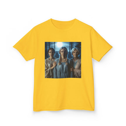Triple Goddess Kids Tee – Mystical Sisters Graphic Cotton Shirt