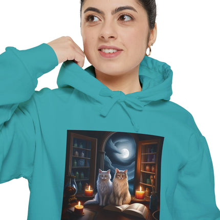 Mystic Cat Library Hoodie — Moonlit Cats, Candles & Spellbook Graphic Hoodie