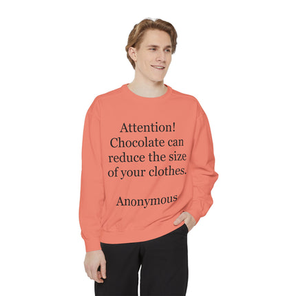 Sweatshirt — "Attention! Chocolate can reduce the size of your clothes. — Anonymous"
