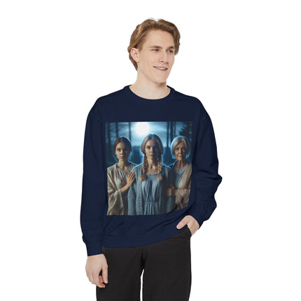 Mystical Sisters Sweatshirt – Garment-Dyed Art of Triple Goddess