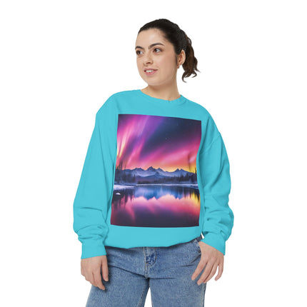 Aurora Lake Crewneck Sweatshirt — Colorful Northern Lights Landscape