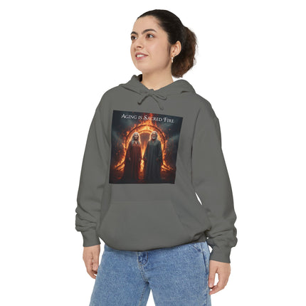 Hoodie - "Aging Is Sacred Fire" Fantasy Cloaked Figures Fire Portal Graphic Hoodie