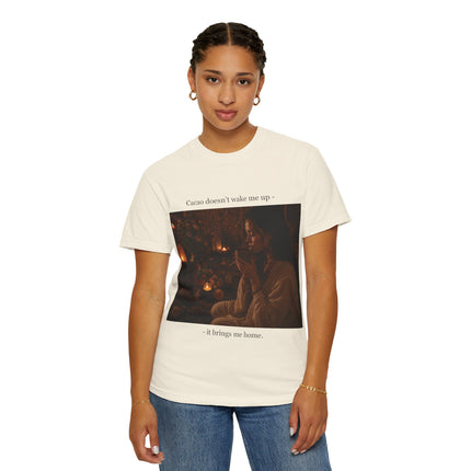 Cacao Doesn't Wake Me Up T-Shirt — Cozy Candlelit Illustration Tee