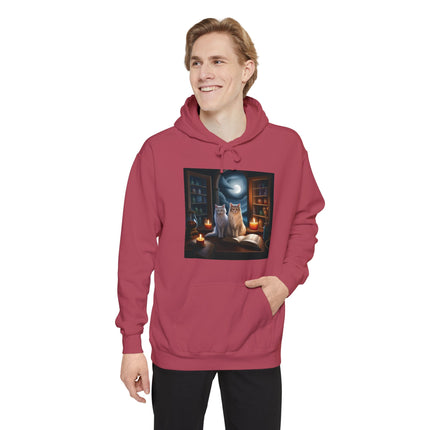 Mystic Cat Library Hoodie — Moonlit Cats, Candles & Spellbook Graphic Hoodie