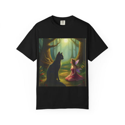 Fairy and Black Cat Forest T-Shirt — Enchanted Woodland Magic Tee