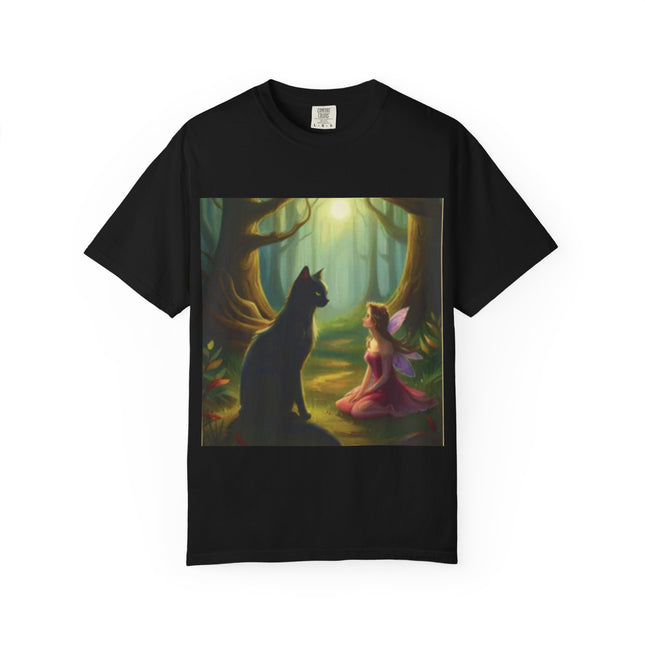 Fairy and Black Cat Forest T-Shirt — Enchanted Woodland Magic Tee