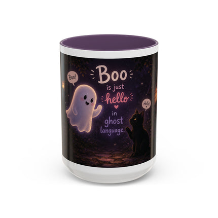 Halloween Ghost Coffee Mug — “Boo is just hello in ghost language” Accent Mug