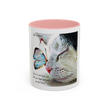 Cat & Butterfly Coffee Mug with 'Life is Short' Inspirational Quote (Accent, 11/15oz)