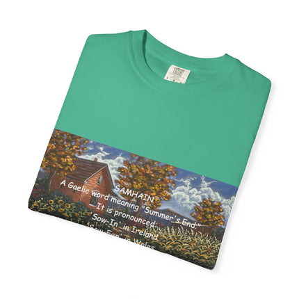 Samhain Harvest Tee — 'Samhain' Pronunciations + 'Pumpkin Spice' Autumn Humor