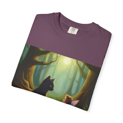 Fairy and Black Cat Forest T-Shirt — Enchanted Woodland Magic Tee