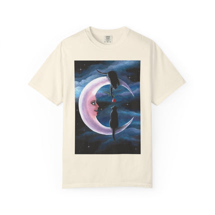 Moonlight Cats Graphic T‑Shirt — Romantic Crescent Moon Art Tee