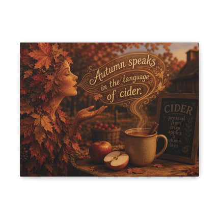 Matte canvas with AI image of a mug of cider, an autumn spirit, and text "Autumn speaks in the language of cider"