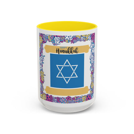 Hanukkah Star of David Accent Coffee Mug — Festive Dreidel Border 11/15oz