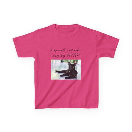 Kids Cat Lover Tee – “A Cat Makes Everything Better” – Heavy Cotton