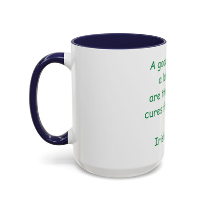 Irish Proverb Coffee Mug — "A good laugh and a long sleep" Accent Mug