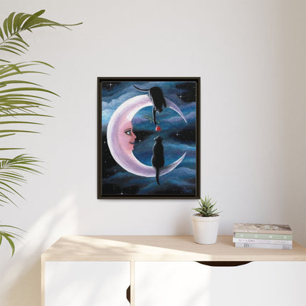 Framed Matte Canvas Moon Cats Wall Art — Whimsical Night Sky Print