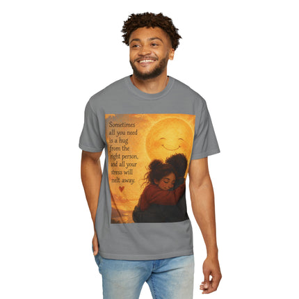 Hug Melt Away T-Shirt — Warm Sunset Illustration & Quote