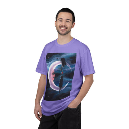 Moonlight Cats Graphic T‑Shirt — Romantic Crescent Moon Art Tee