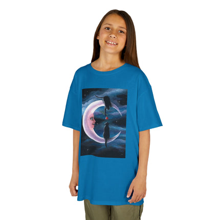 Kids Moon Dreamer Tee — Black Cats on Crescent Moon Graphic
