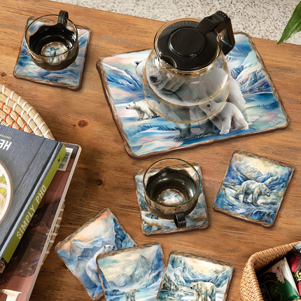 Polar Bear Wooden Cork Placemat and Coasters Gift Set of 7 by Nature Wonders Nature Wildlife Decor  - 85404C-S7-1