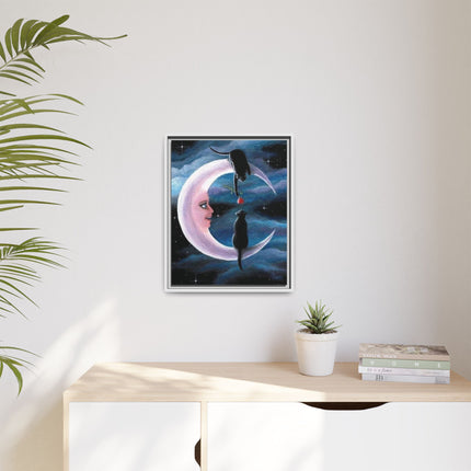 Framed Matte Canvas Moon Cats Wall Art — Whimsical Night Sky Print