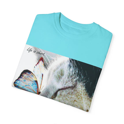 Inspirational Cat & Butterfly T-Shirt | Life is Short Quote