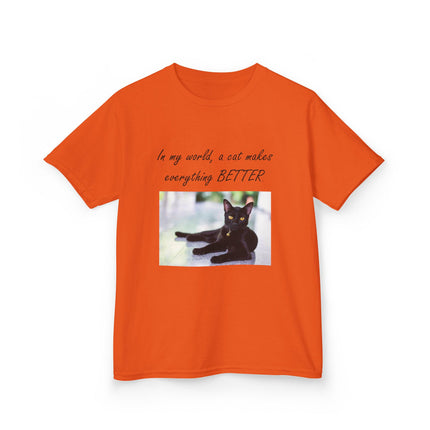 Kids Cat Lover Tee – “A Cat Makes Everything Better” – Heavy Cotton