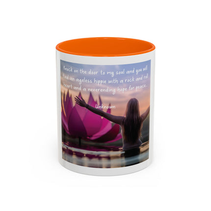 Inspirational Lotus Sunrise Coffee Mug — "knock on the door to my soul"