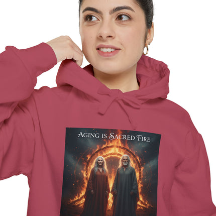Hoodie - "Aging Is Sacred Fire" Fantasy Cloaked Figures Fire Portal Graphic Hoodie