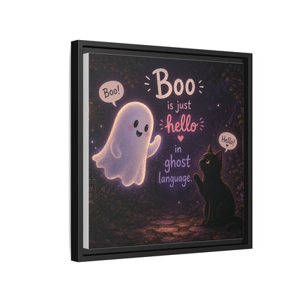 Framed Canvas Art - "Boo is Just Hello" Cute Ghost & Black Cat Halloween Print
