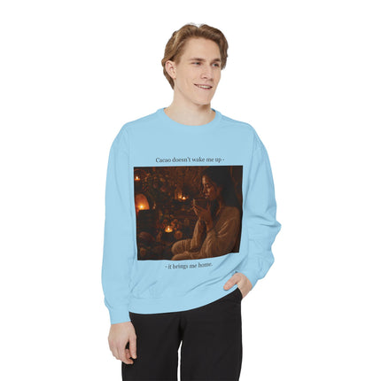 Cozy Candlelit Photo Sweatshirt — "Cacao doesn't wake me up... it brings me home"