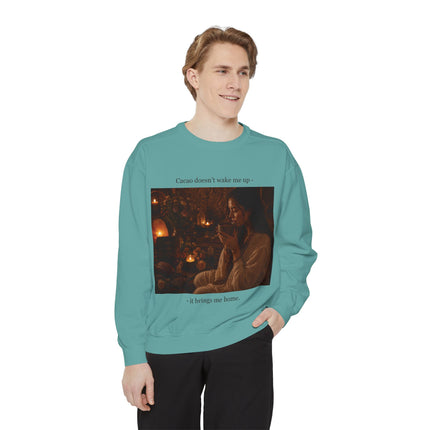 Cozy Candlelit Photo Sweatshirt — "Cacao doesn't wake me up... it brings me home"