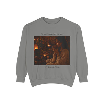 Cozy Candlelit Photo Sweatshirt — "Cacao doesn't wake me up... it brings me home"