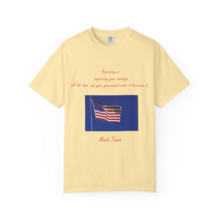 Patriotic Unisex Garment-Dyed T-Shirt with American Flag – Quote by Mark Twain